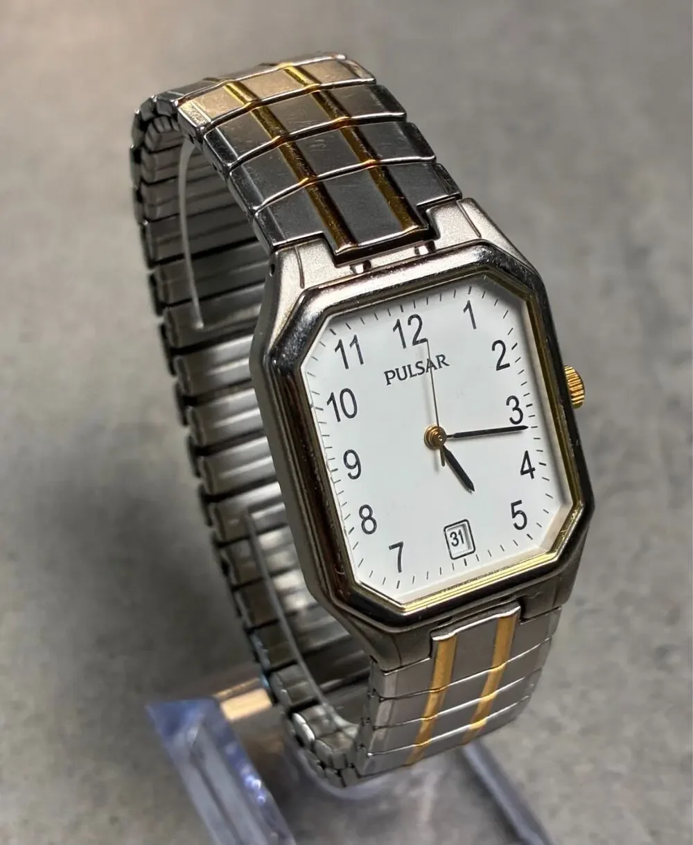 Pulsar Tank Style Men's Quartz Watch Two Tone White Dial Rare VJ32-X166 Working